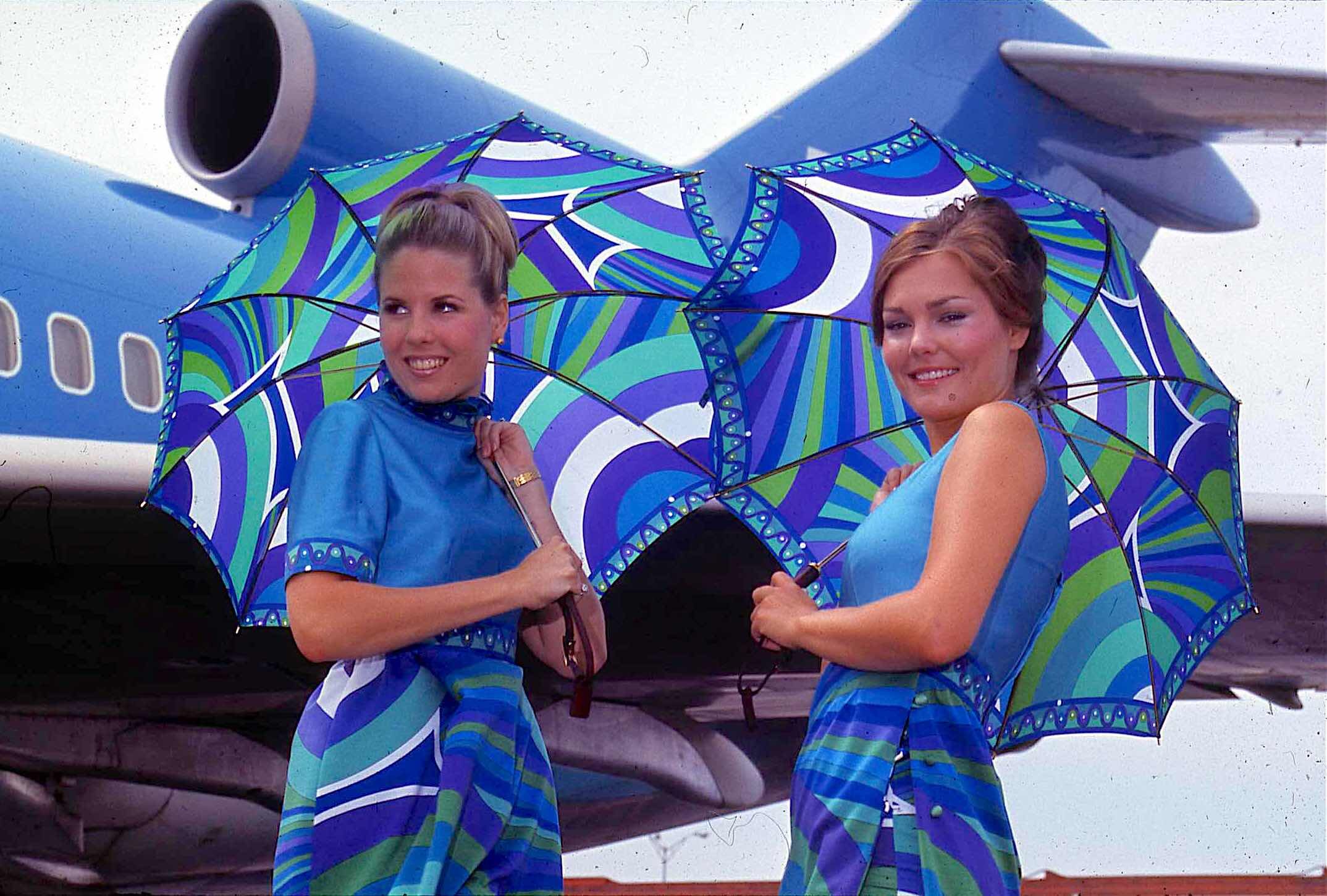 BI 727 1972 Pucci Blue Collection Hostess Uniforms Umbrellas DAL 1972.jpg