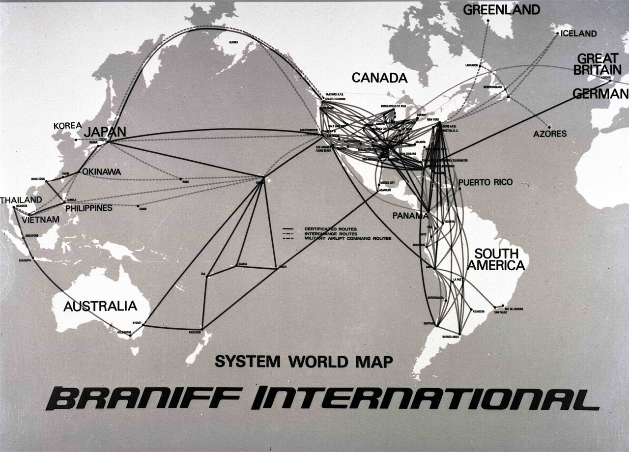 Braniff Atlantic and Pacific Military Airlift Command route map as of November 13 1967