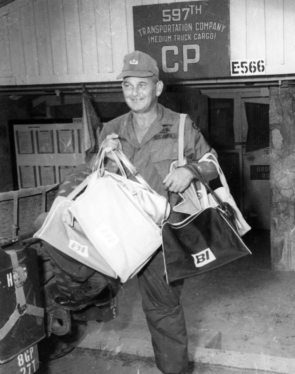 Braniff handed out thousands of colorful flight bags for Vietnam soldiers to carry their personal items