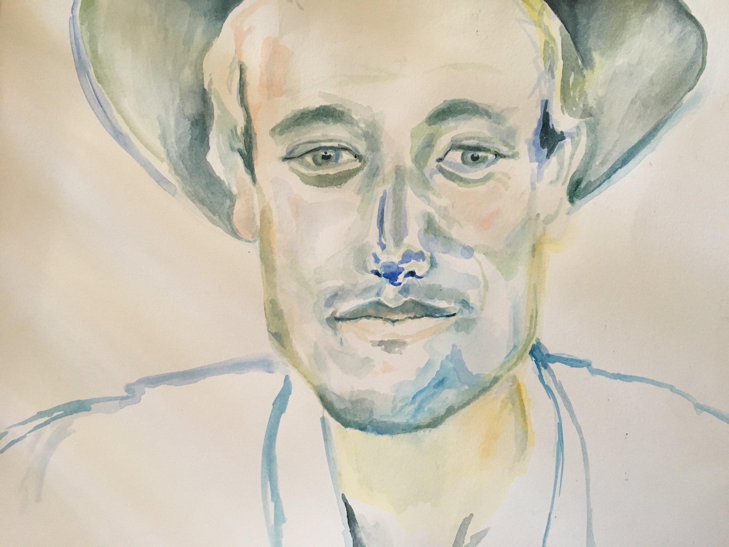 watercolor of James wearing a hat