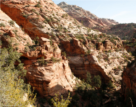 Viewpoint Trail – The Overlook Trail. The trail follows the base of the red rocks. The catwalk can be seen at the middle left of the photo where it swings out, then under the rocks.