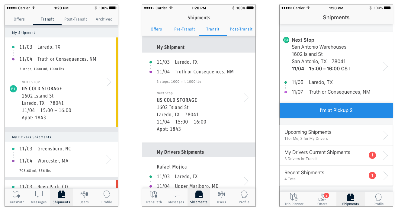 A few iterations of the shipments screen, where the driver can see his next job.
