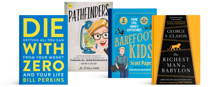 A few of our favourite money books. Die With Zero, Pathfinders, Barefoot Kids, The Richest Man in Babylon.