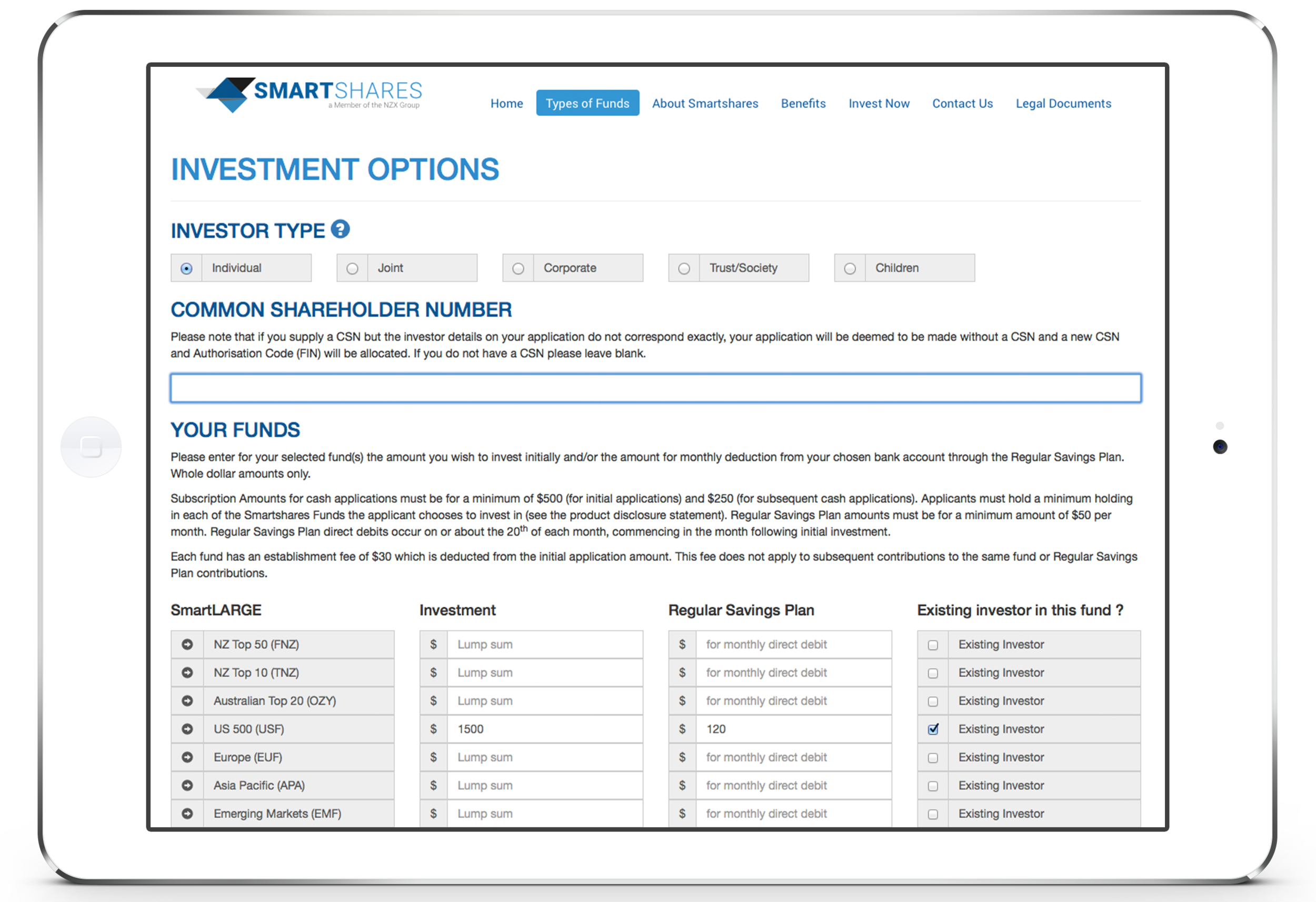 Select your Investment Options. Click image to enlarge.