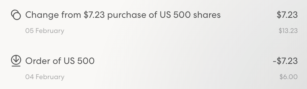 Change from US 500 share purchase
