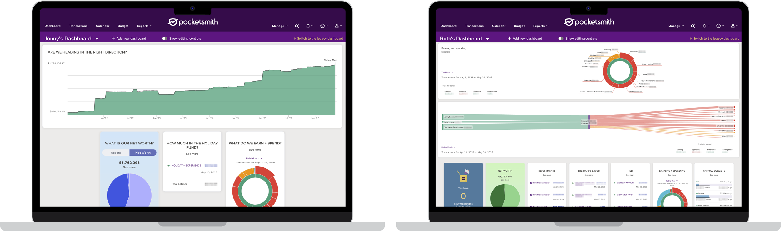 Jonny’s less data-filled bespoke PocketSmith dashboard compared to my more data-filled dashboard.