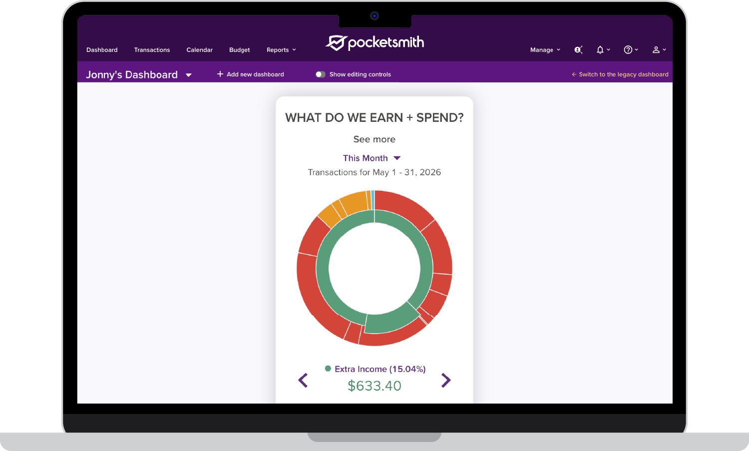 Once a month, Ruth shows me the numbers. The PocketSmith “pinwheel” is about my level. It shows what’s coming in and where it’s going, and that gives me a good feel for things.