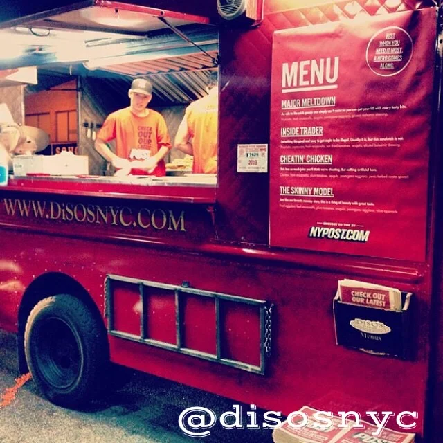 DISO'S - ITALIAN SANDWICH SOCIETY NYC If you are an Italian sandwich lover, then Diso’s is the food truck for you. Adam DiSilvestro, a.k.a. Diso, grew up with Italian parents and there is no doubt he exactly knows what a classic Italian sandwich is about. Diso makes his sandwiches using imported Italian meats and cheeses sourced from famous DiPalos in Little Italy, NYC. Diso’s truck was also featured on Food Network's TV show Great Food Truck Race. Tip: Vinny Chins, Joey Shakes, or Eddie Mush are among the top picks that we love!