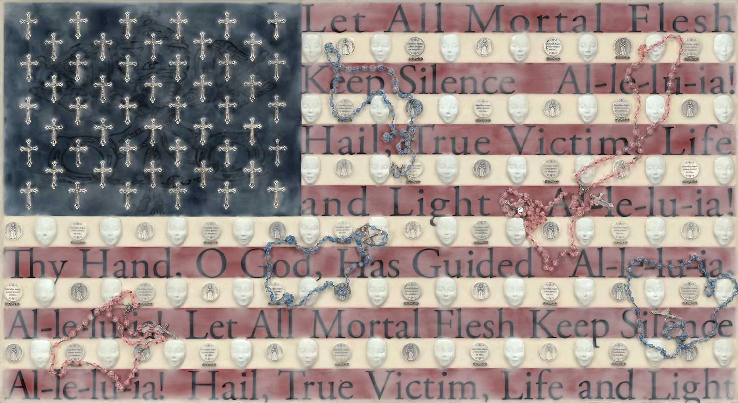 Betrayal, 2015, 26X48” Ceramic faces, cast pocket coins, child Rosary beads, Catholic crosses, Vatican song titles, and encaustic on board.