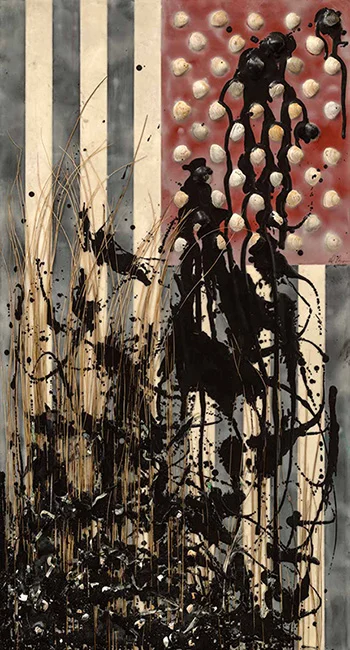 Spill, 2011, 26 X 48” Sea shells,marsh reeds, bird and animal debris, shredded money, sand, and encaustic on board.