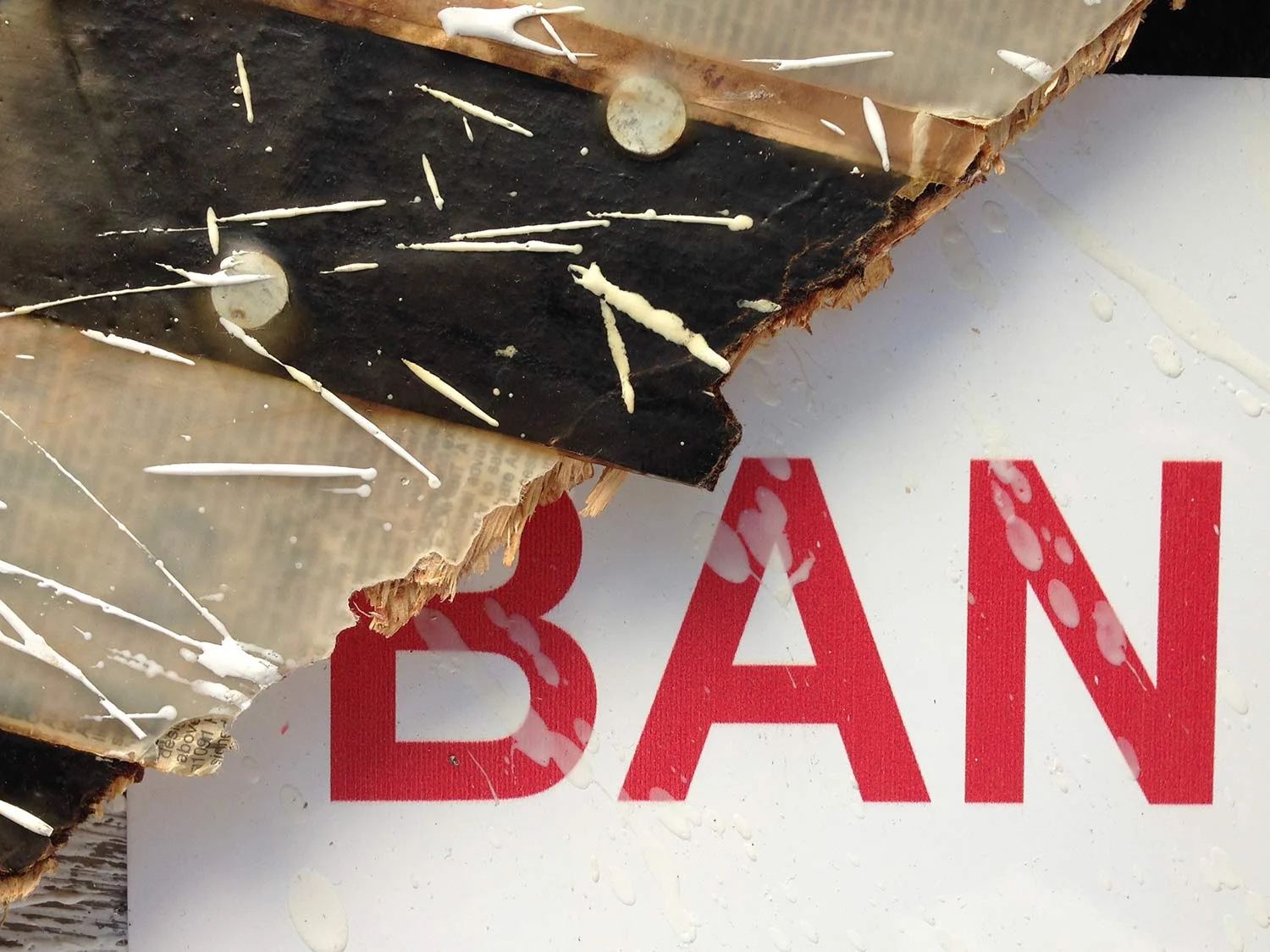 Bank Owned, 2012, Detail 26x48" Engineered plywood, roofing felt, roofing nails, repossessed home owners keys, foreclosure sign and encaustic on board. 