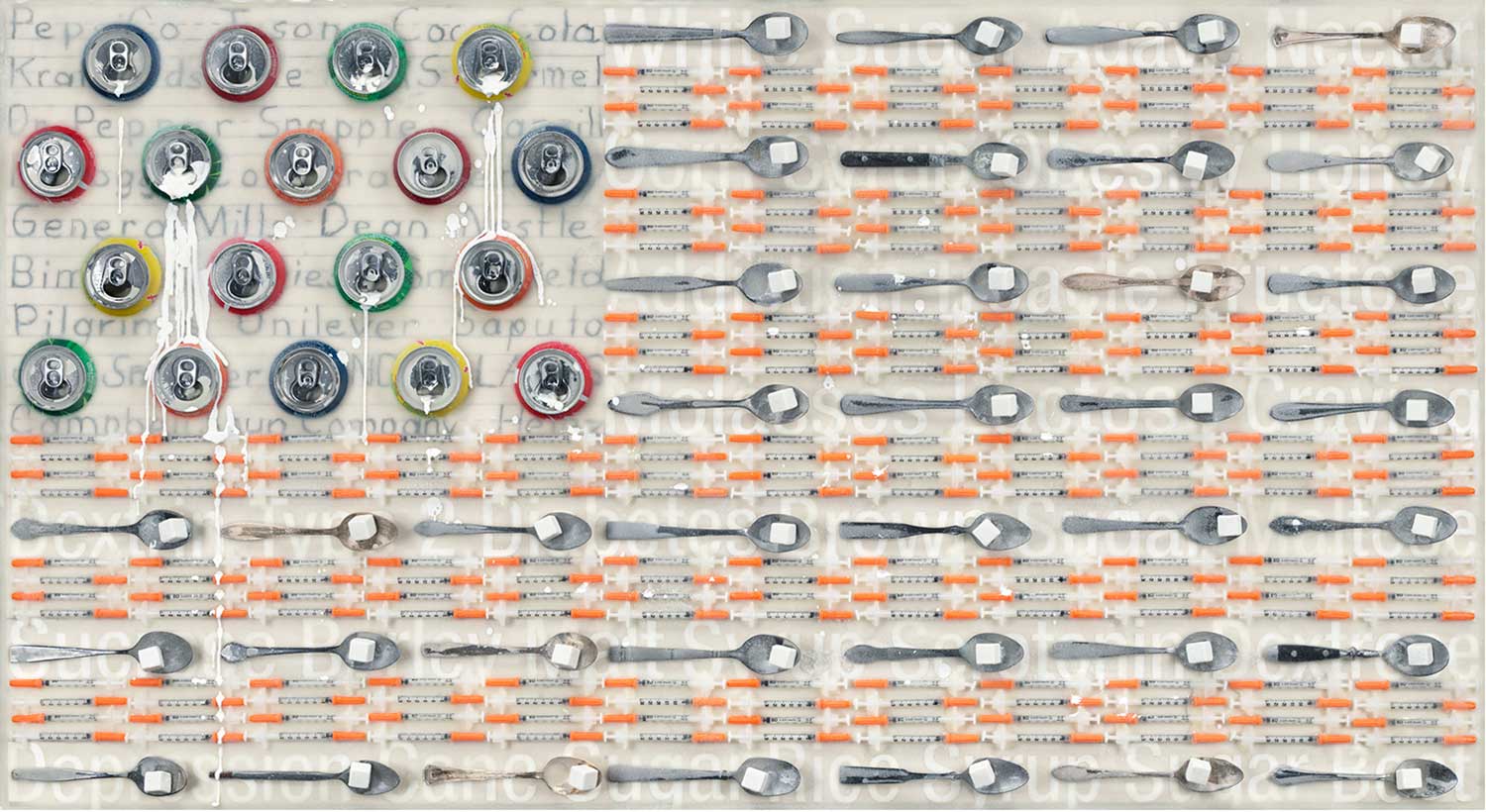 Debra Thompson, White Death, 2015 Soda can tops, teaspoons with glass sugar cubes, insulin needles, glass crystals and encaustic on board, 6 X 48”