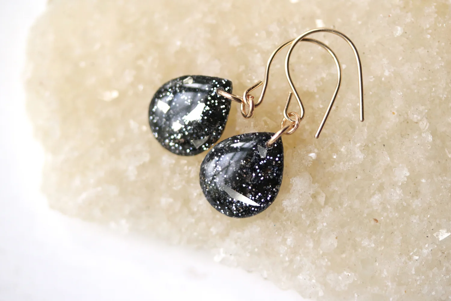 Black Glitter Teardrop Earrings, Black Sparkle Faux Leather Teardrops, Hypoallergenic Stainless Steel