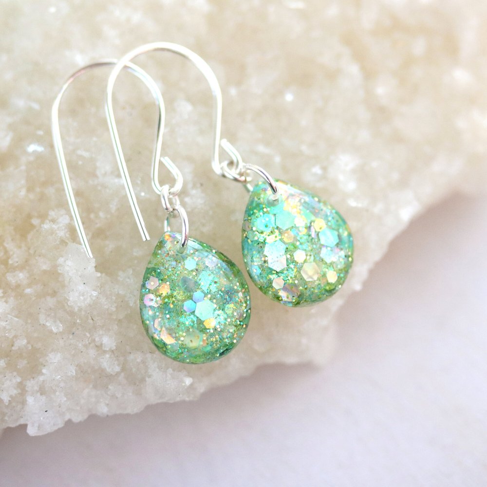 tinsel green glitter teardrop earrings — Tiny Galaxies
