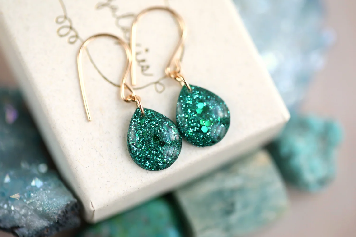 emerald green glitter teardrop earrings — Tiny Galaxies