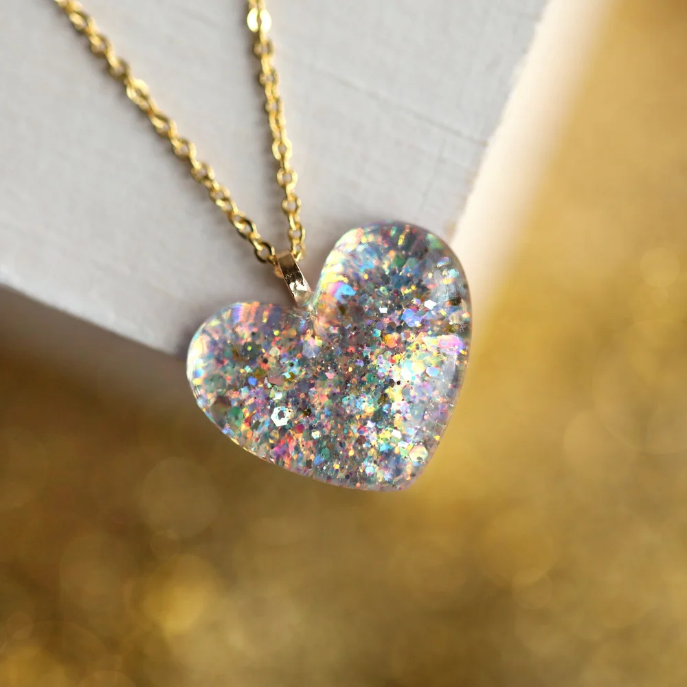 silver or gold - looking glass glitter heart necklace — Tiny Galaxies