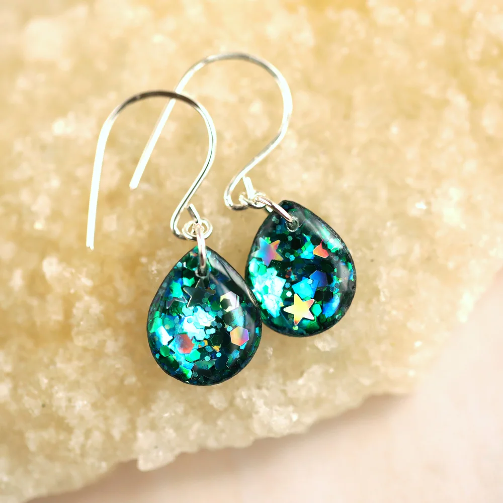 Tiny Galaxies Glitter Teardrop Earrings Lucky Charm Green Glitter