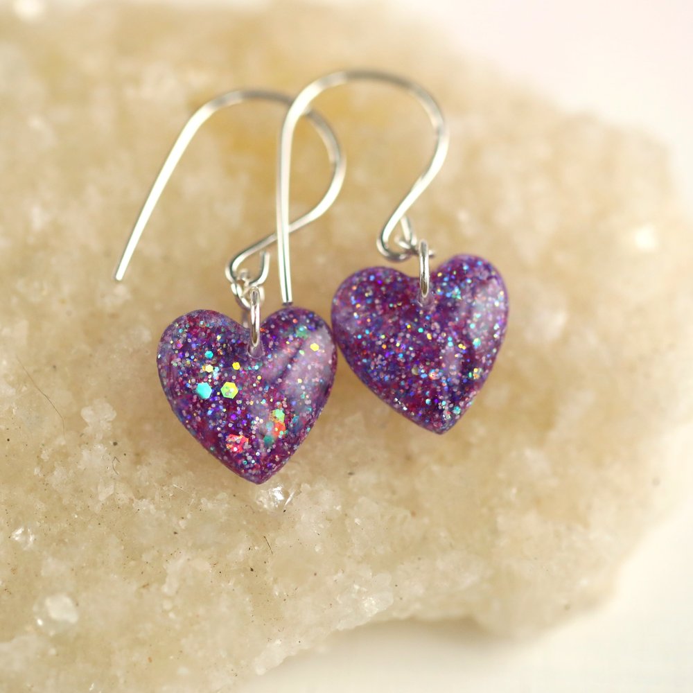 purple iridescent glitter heart earrings — Tiny Galaxies