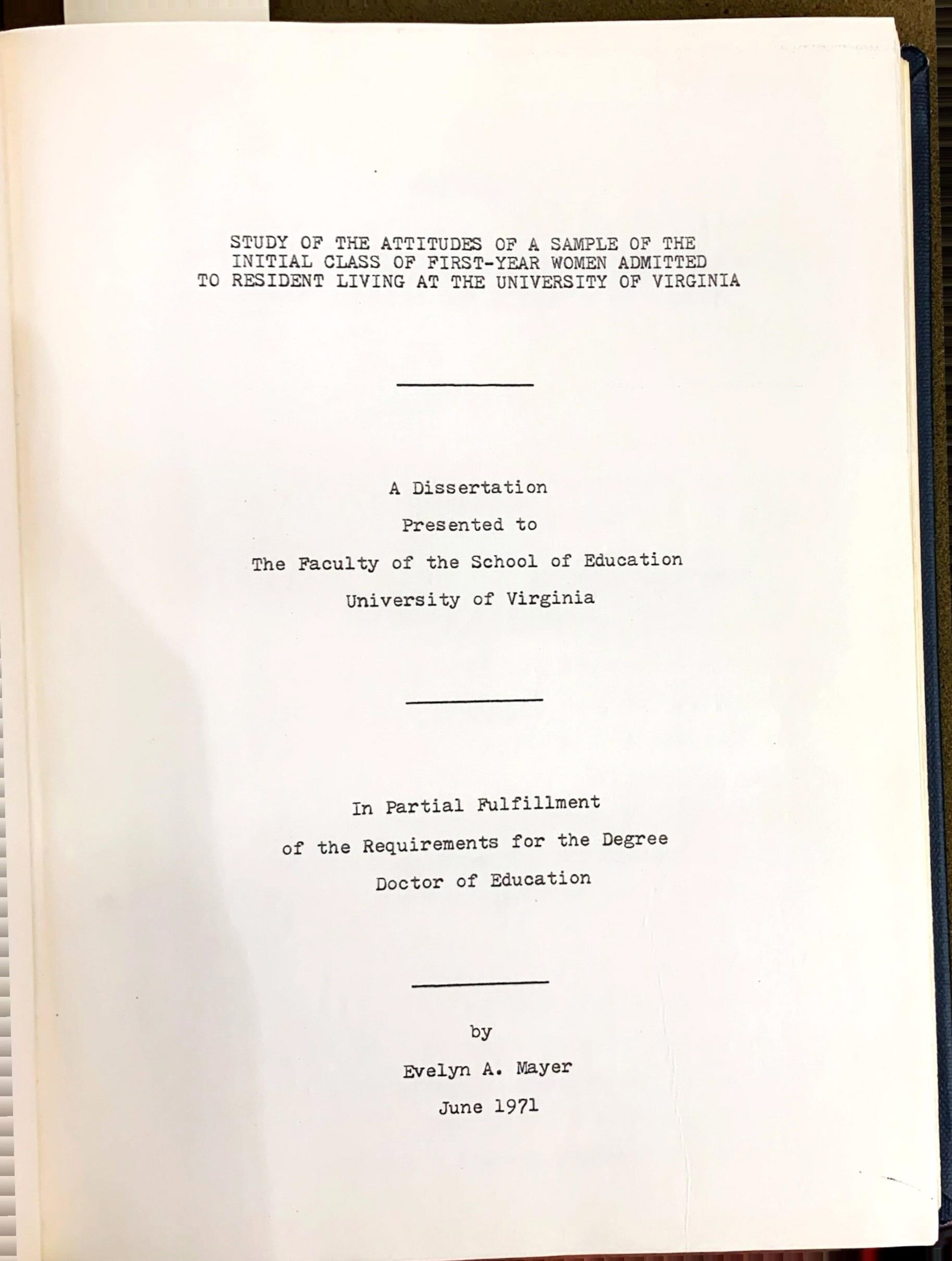 Dissertation on first-year UVA women's attitudes, 1971