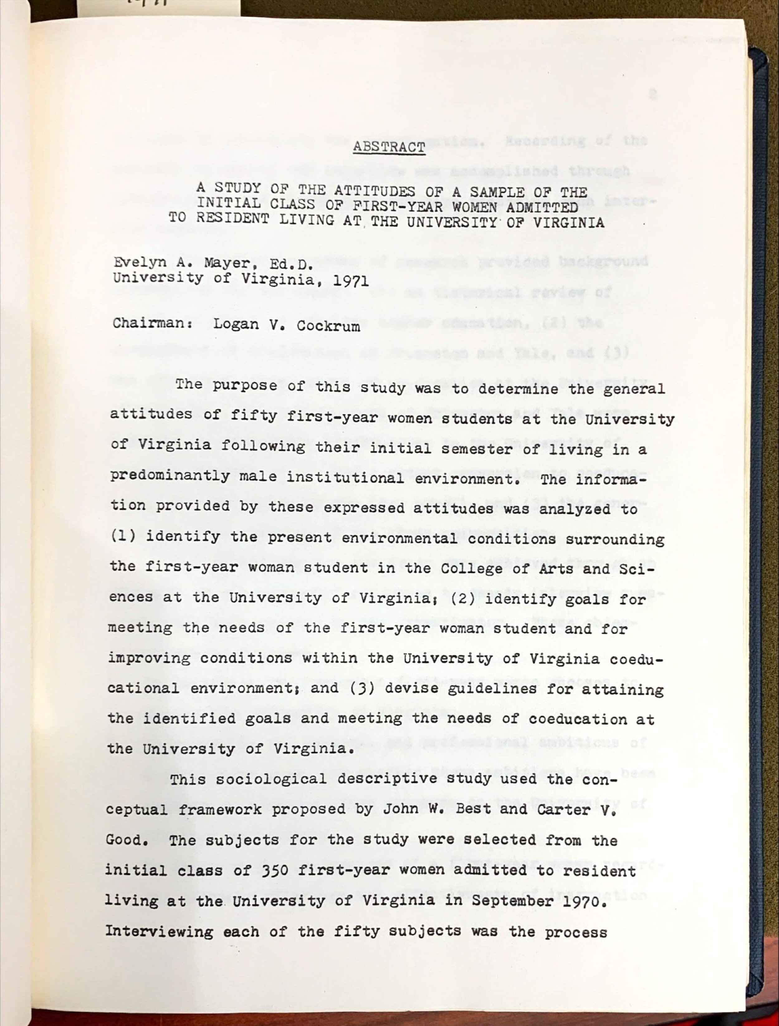 Dissertation on first-year UVA women's attitudes, 1971