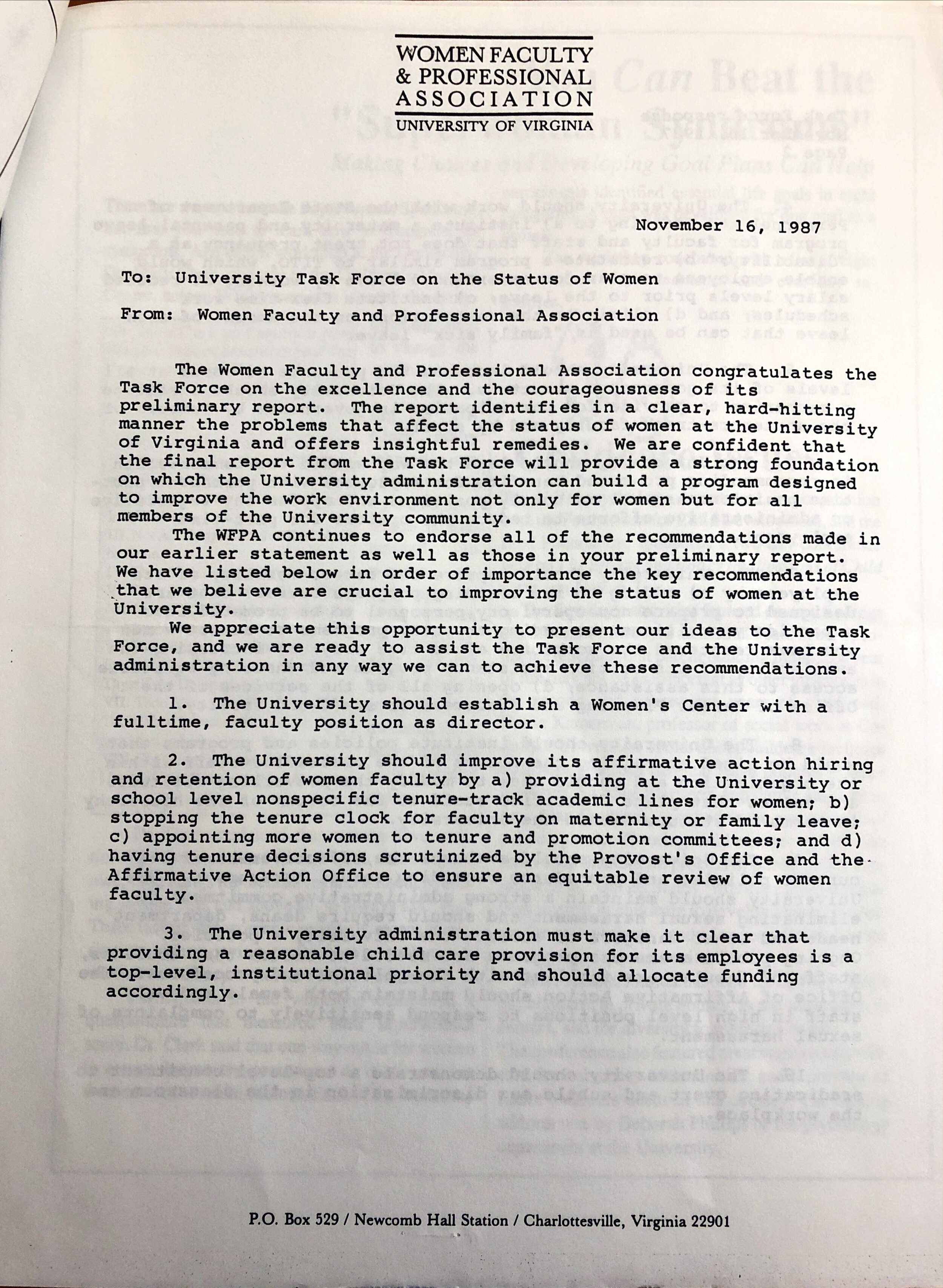 1987: Letter to the University Task Force on the Status of Women from the Women Faculty and Professional Association (WFPA)