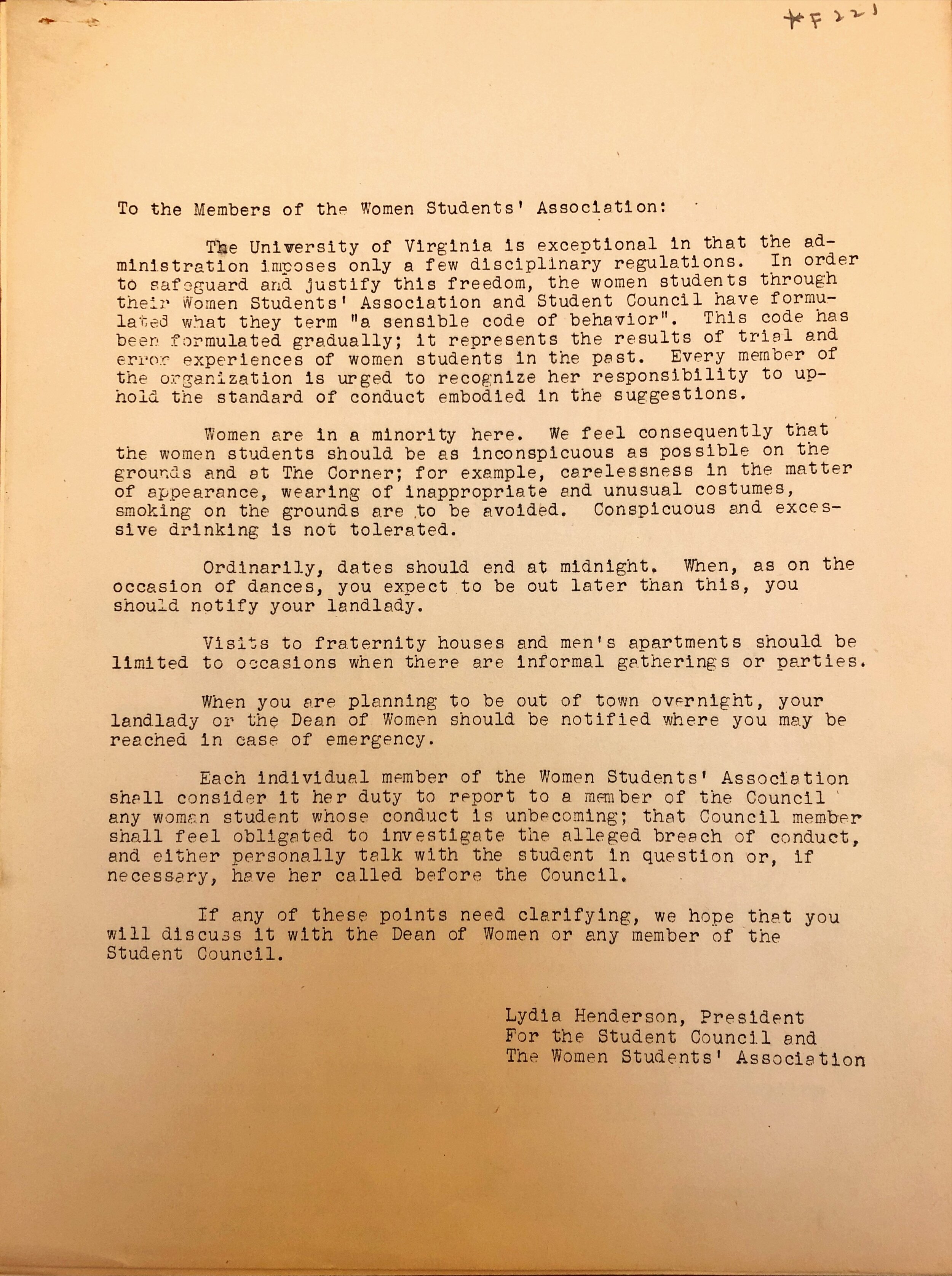 1900: Student Council and Women Students’ Association President Lydia Henderson’s letter to female members