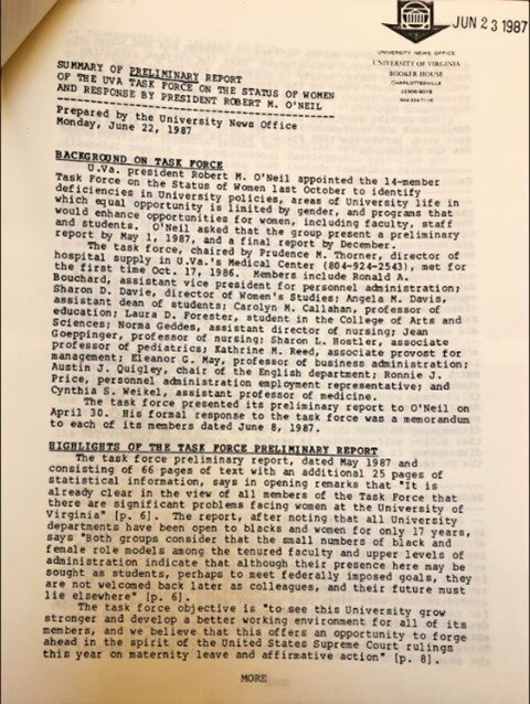 1987: Summary, preliminary report, status of woman