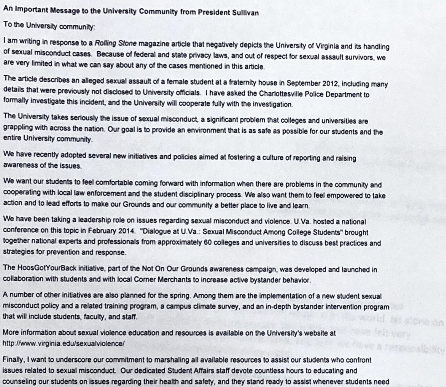 2014: Letter to the UVA Community in response to the Rolling Stone Article