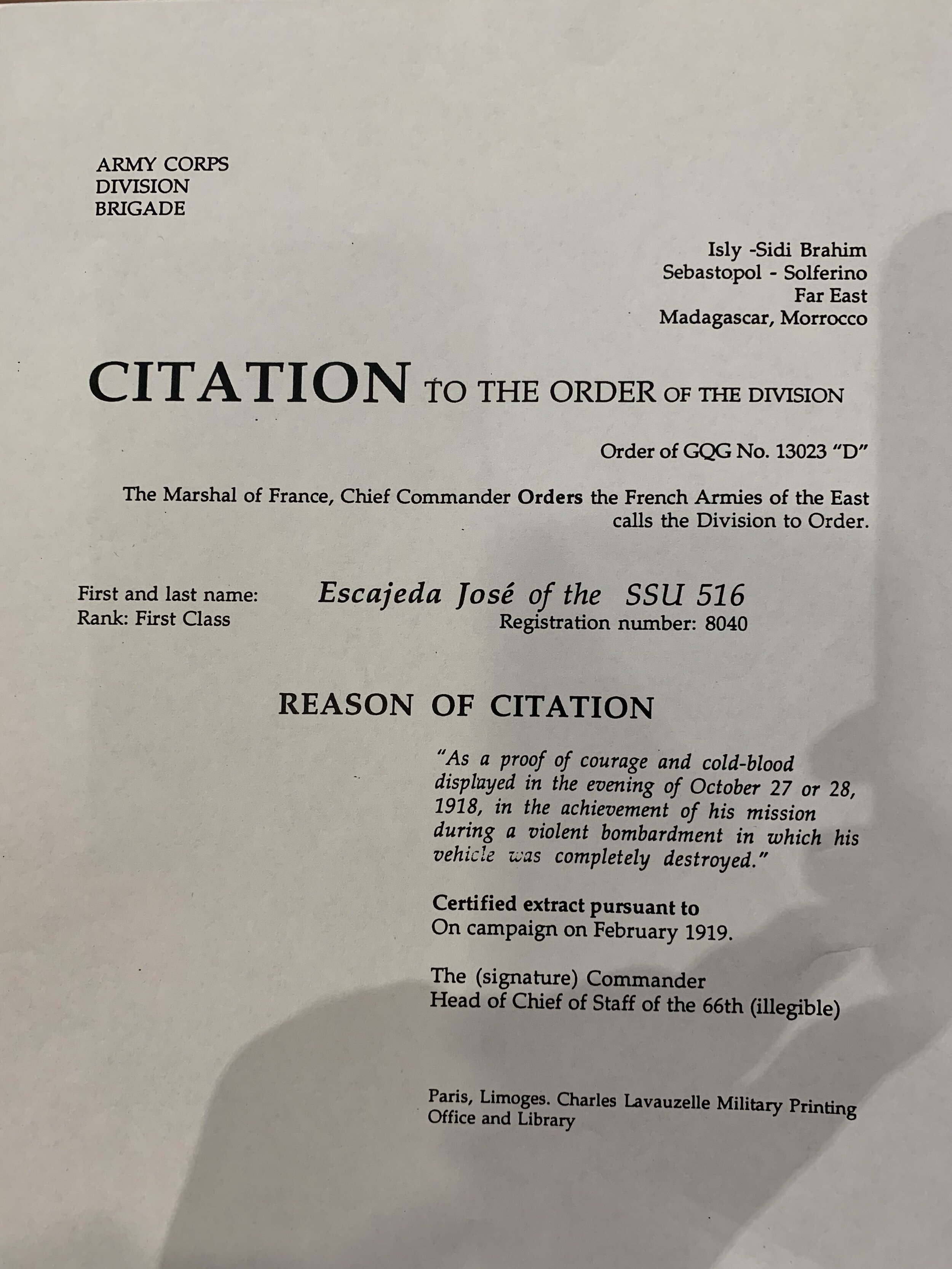 1919: Photograph of Mr. Escajeda’s Croix de Guerre award, translated.