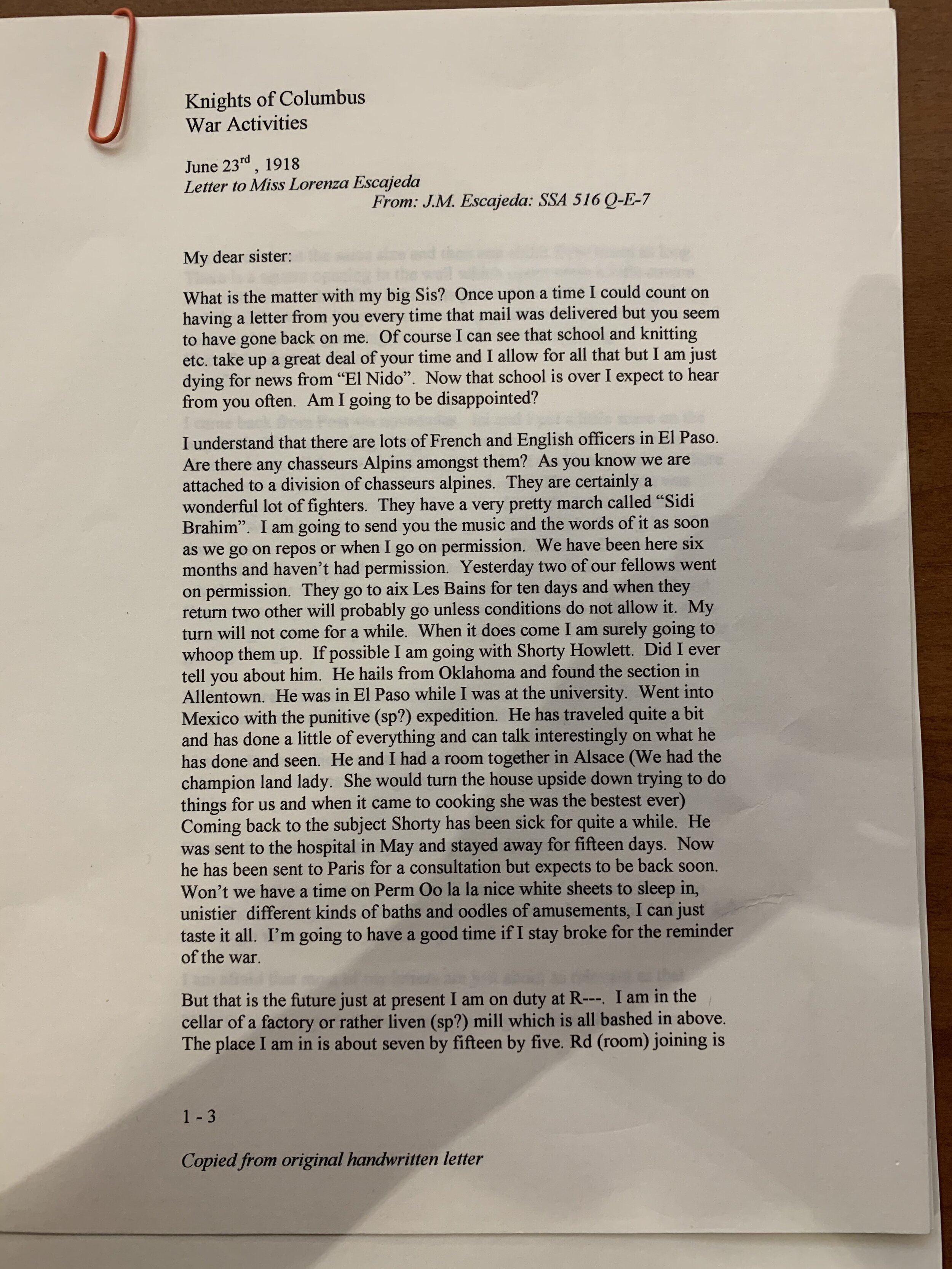 1918: Letter by Jose Escajeda