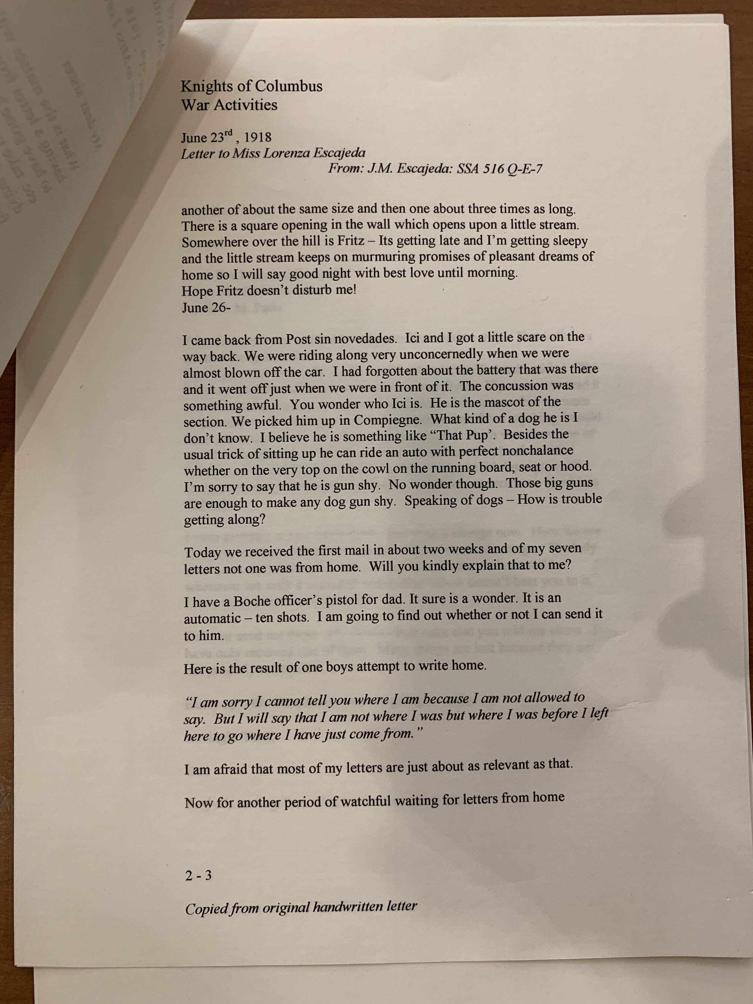 1918: Letter by Jose Escajeda