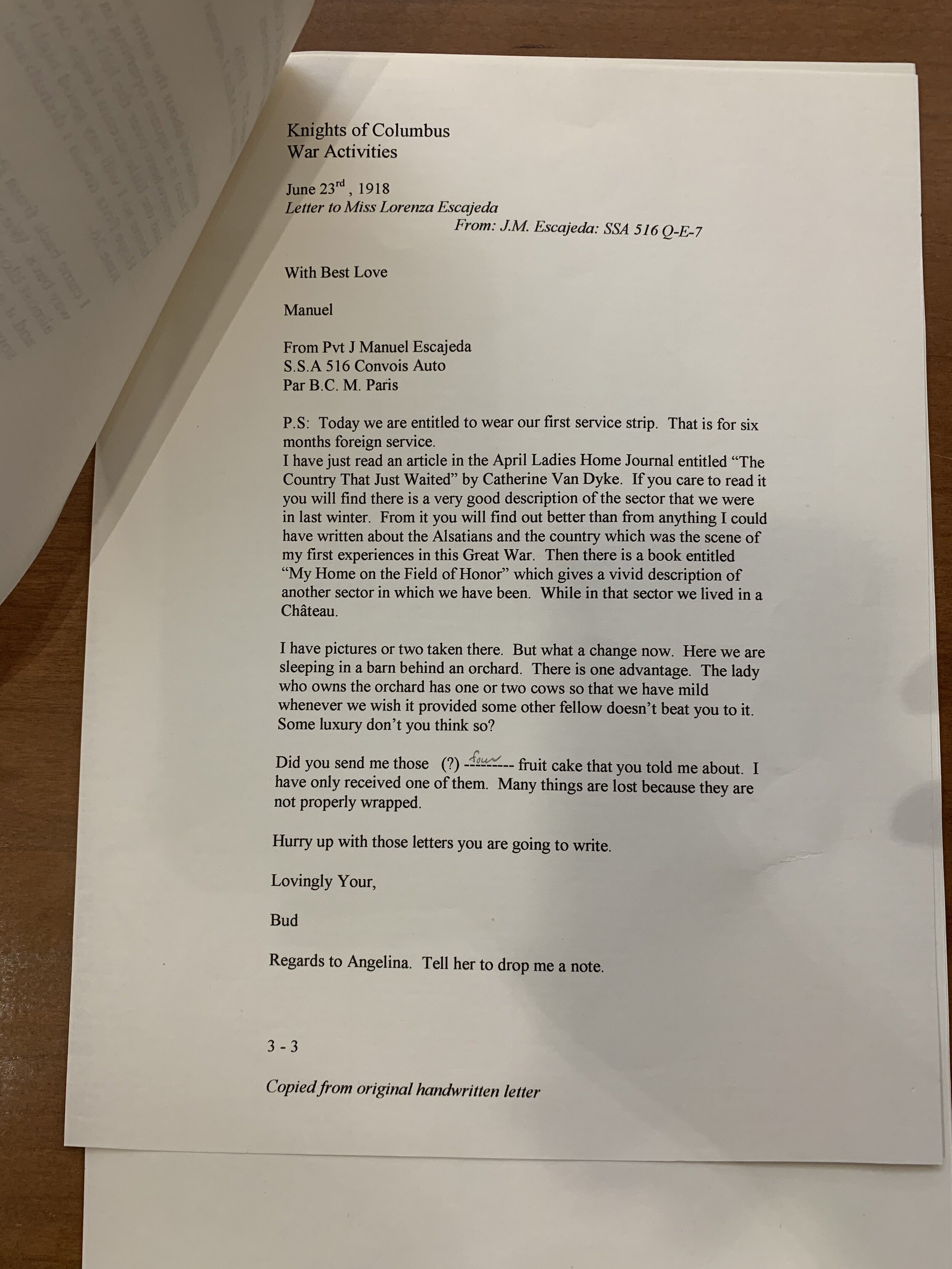 1918: Letter by Jose Escajeda