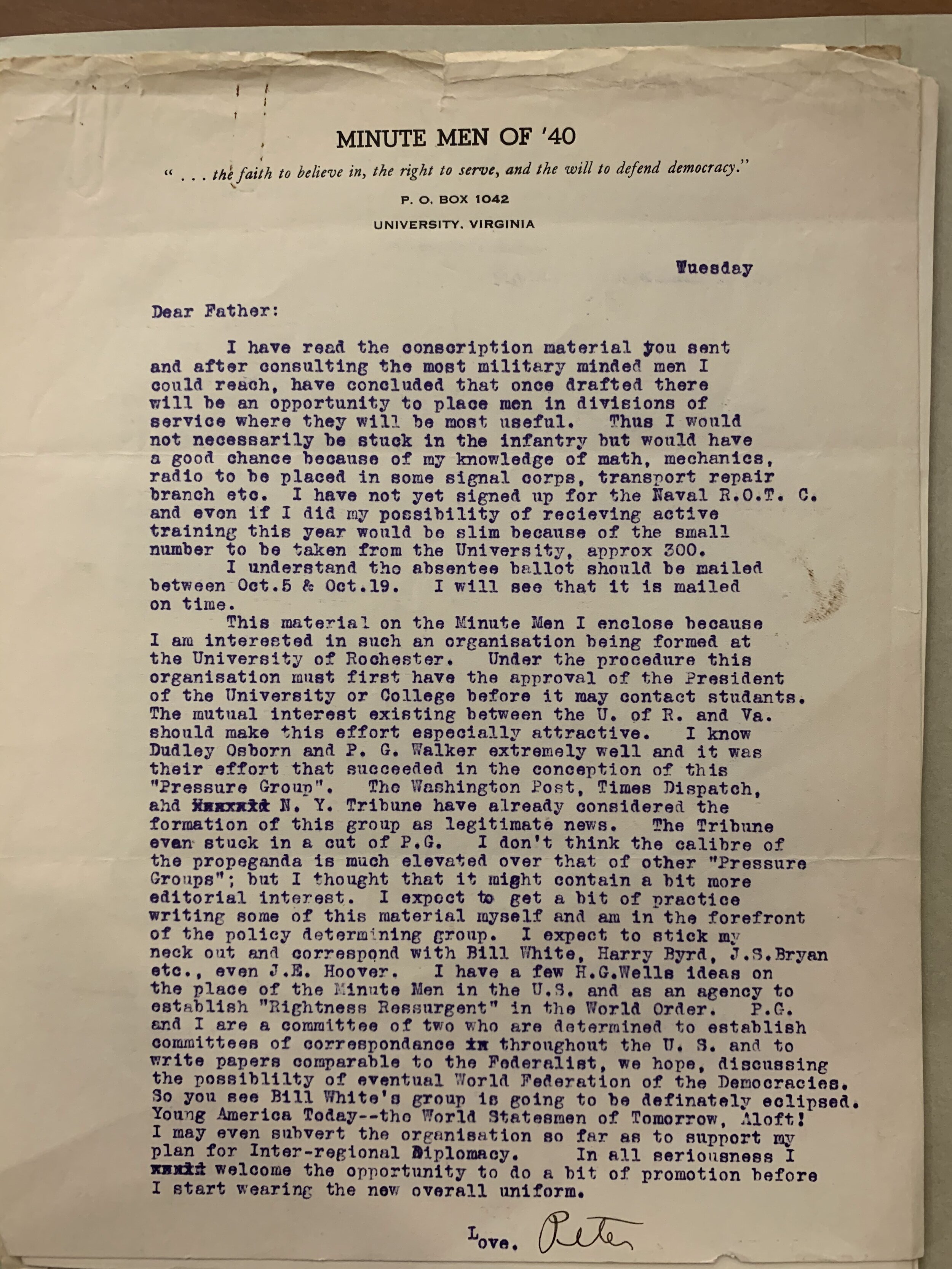 1940: Letter from Peter Sanford to father regarding the “Minute men of 1940.”