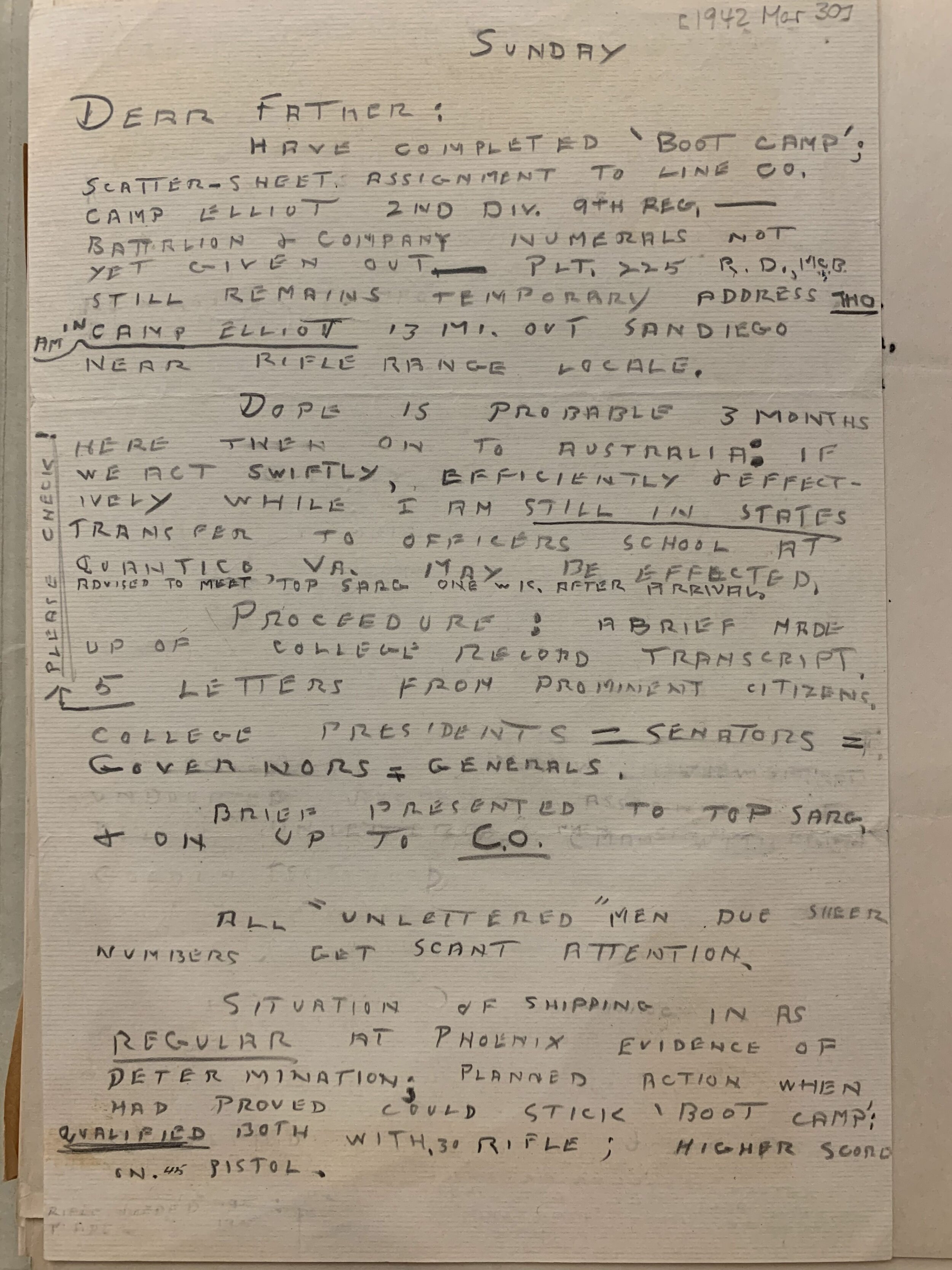 1942: Letter from Peter Sanford to father regarding the war, Mar. 1942.