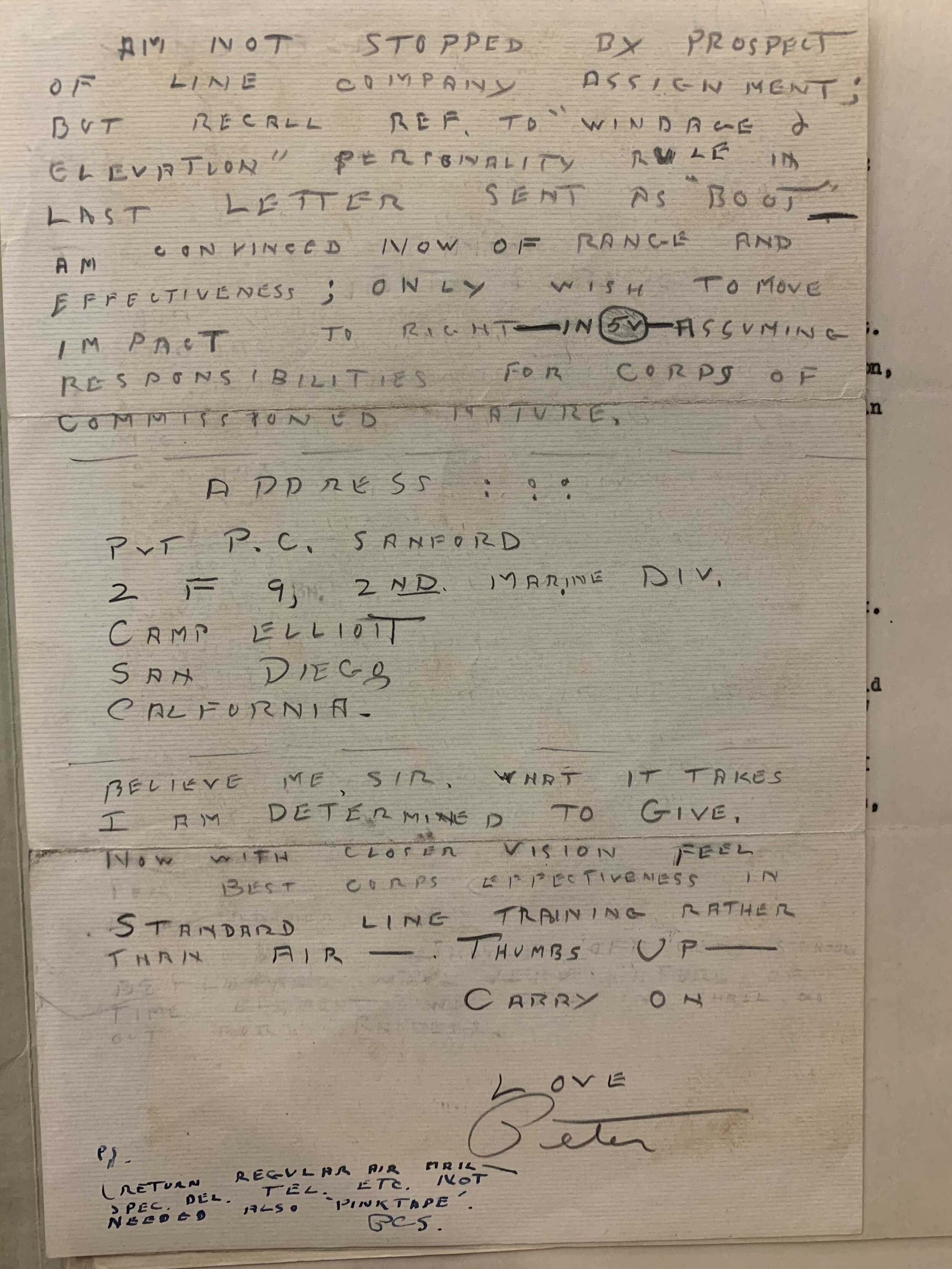 1942: Letter from Peter Sanford to father regarding the war, Mar. 1942.