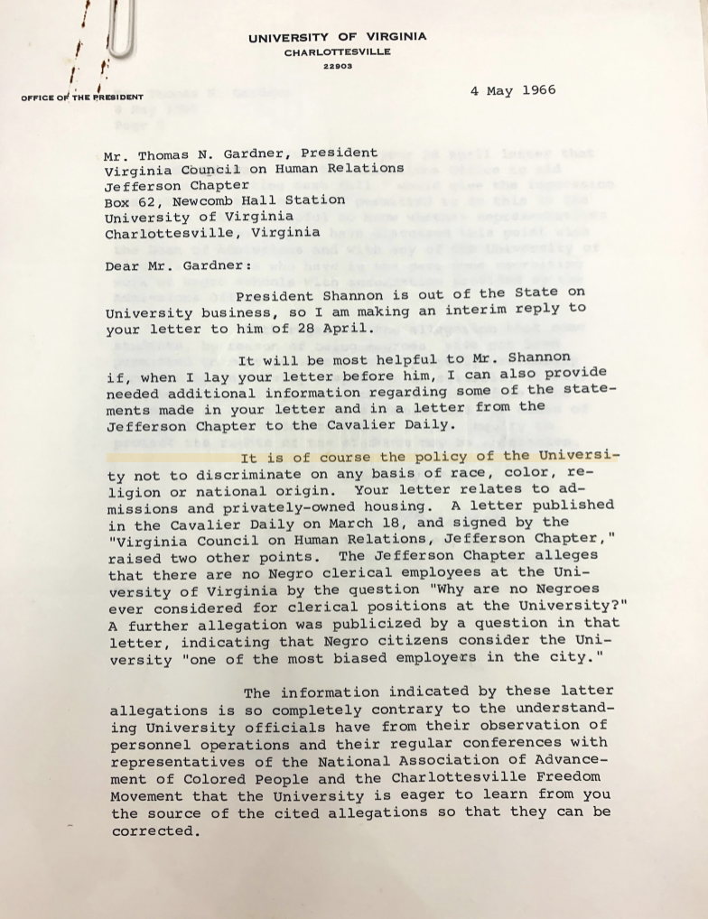1966: Response from UVA to Thomas Gardner