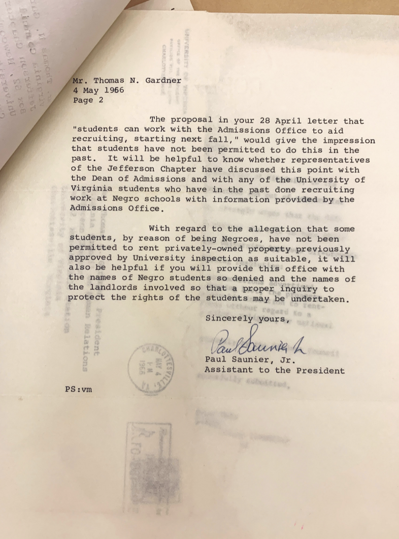 1966: Response from UVA to Thomas Gardner