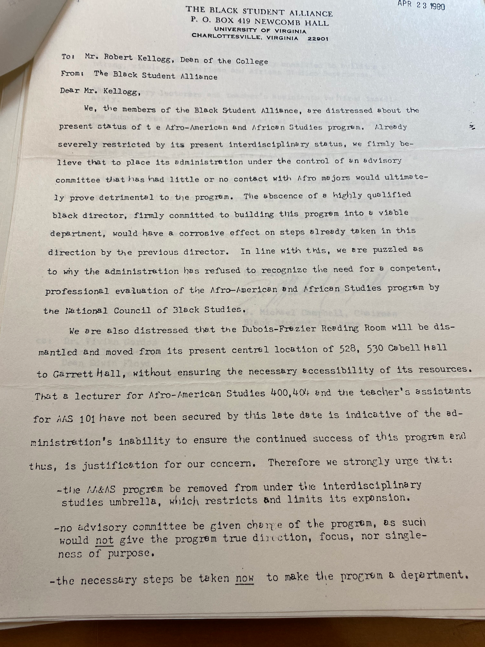 1980: Letter to Mr. Kellogg, April 23, 1980