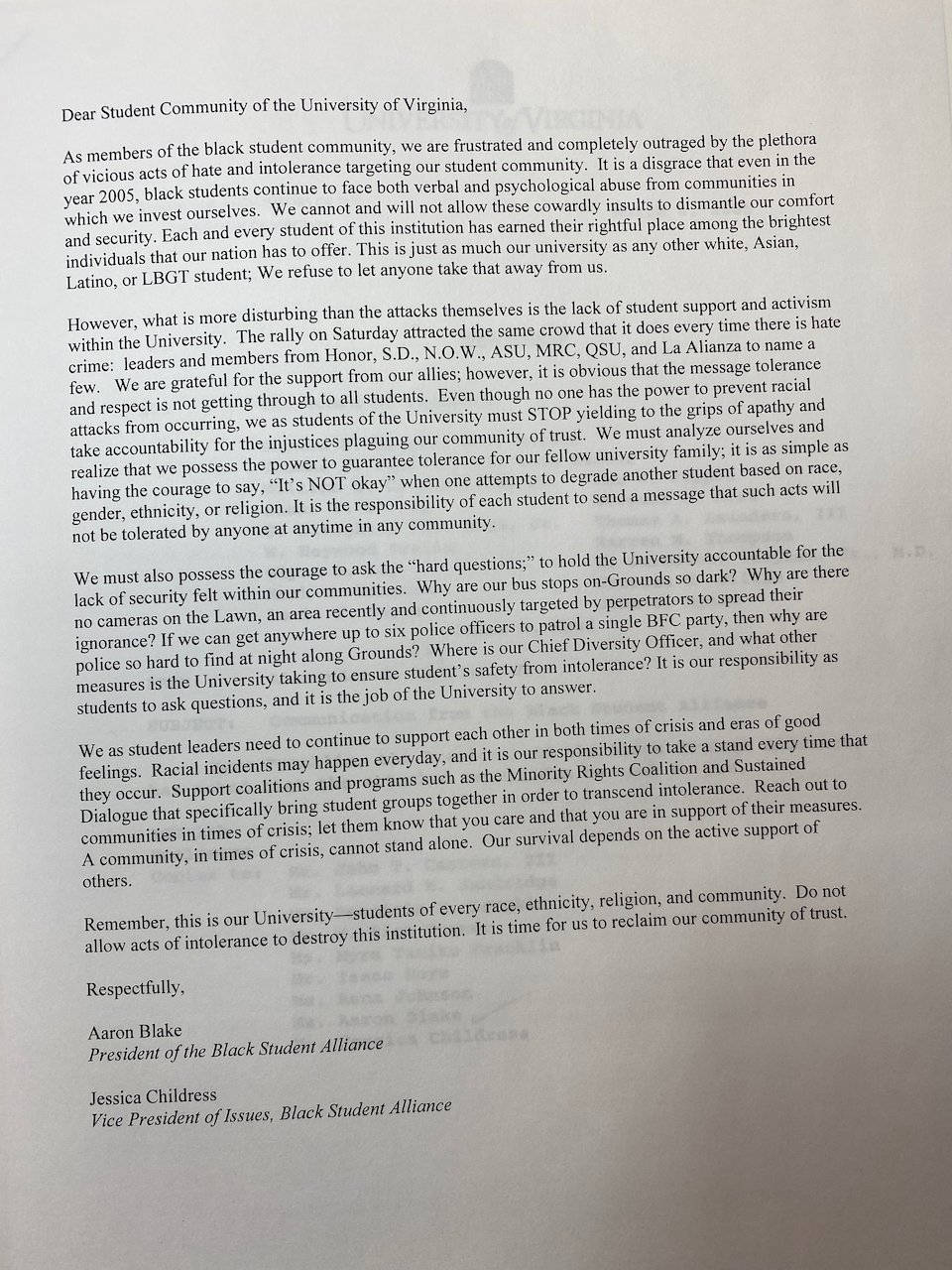 2005: Letter to the Student Body At UVA