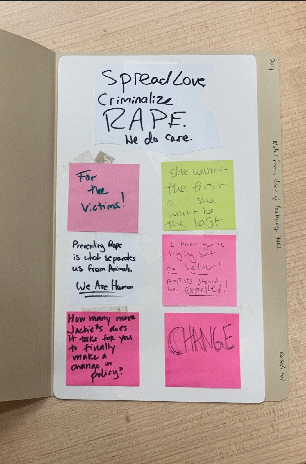2014: Post it Notes on door of Peabody Hall