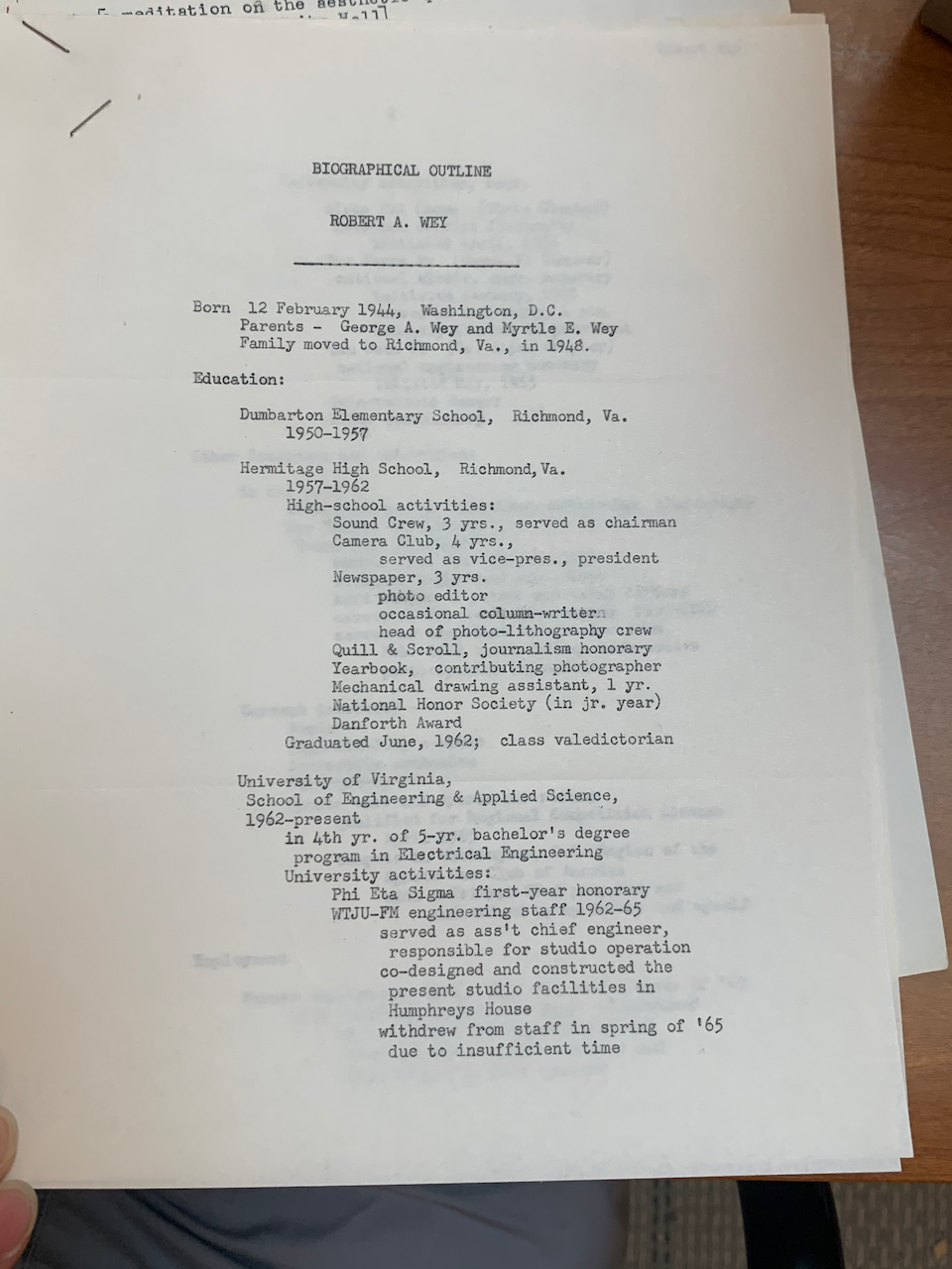 c. 1966: Autobiographical sketch of a student