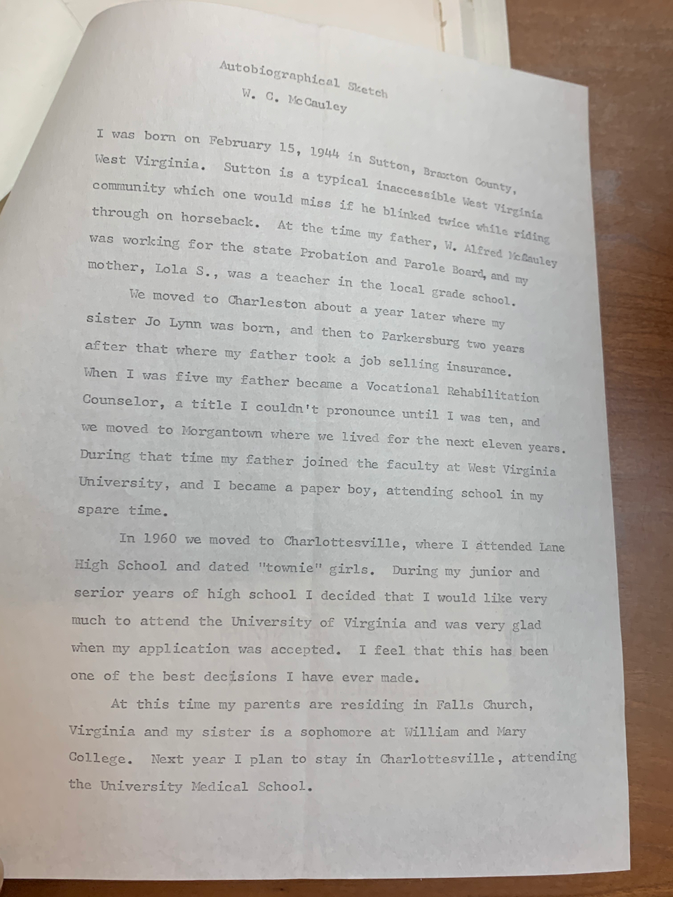 c. 1966: Autobiographical sketch of a student
