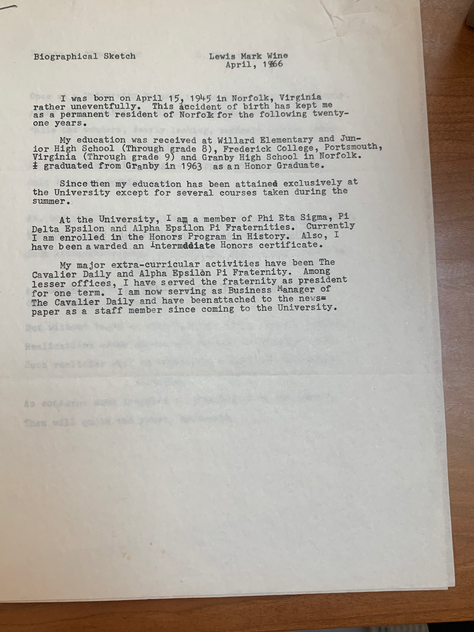 1966: Autobiographical sketch of a student