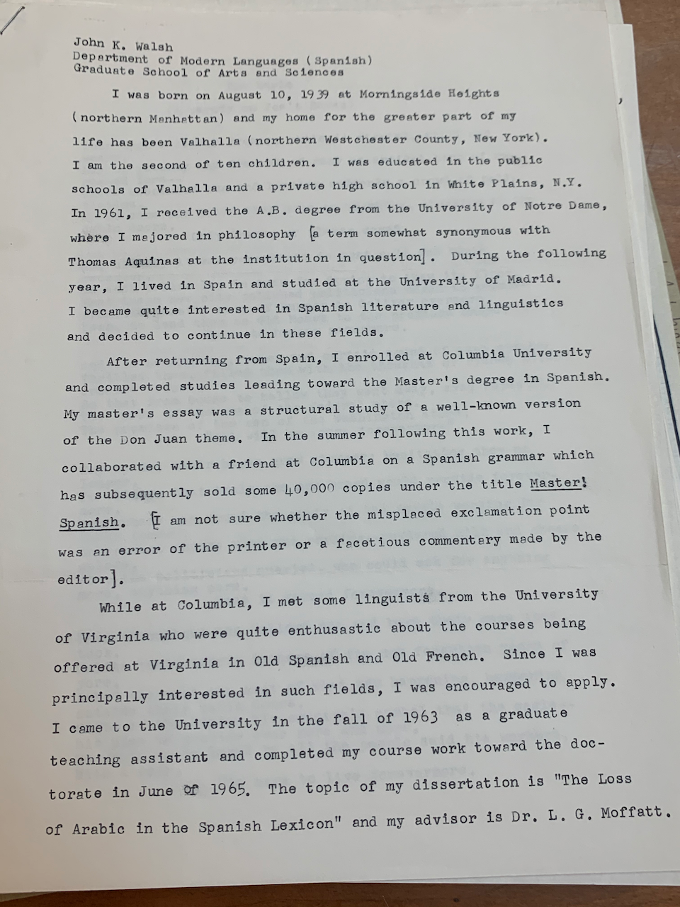 c. 1961: Autobiographical sketch of a graduate student