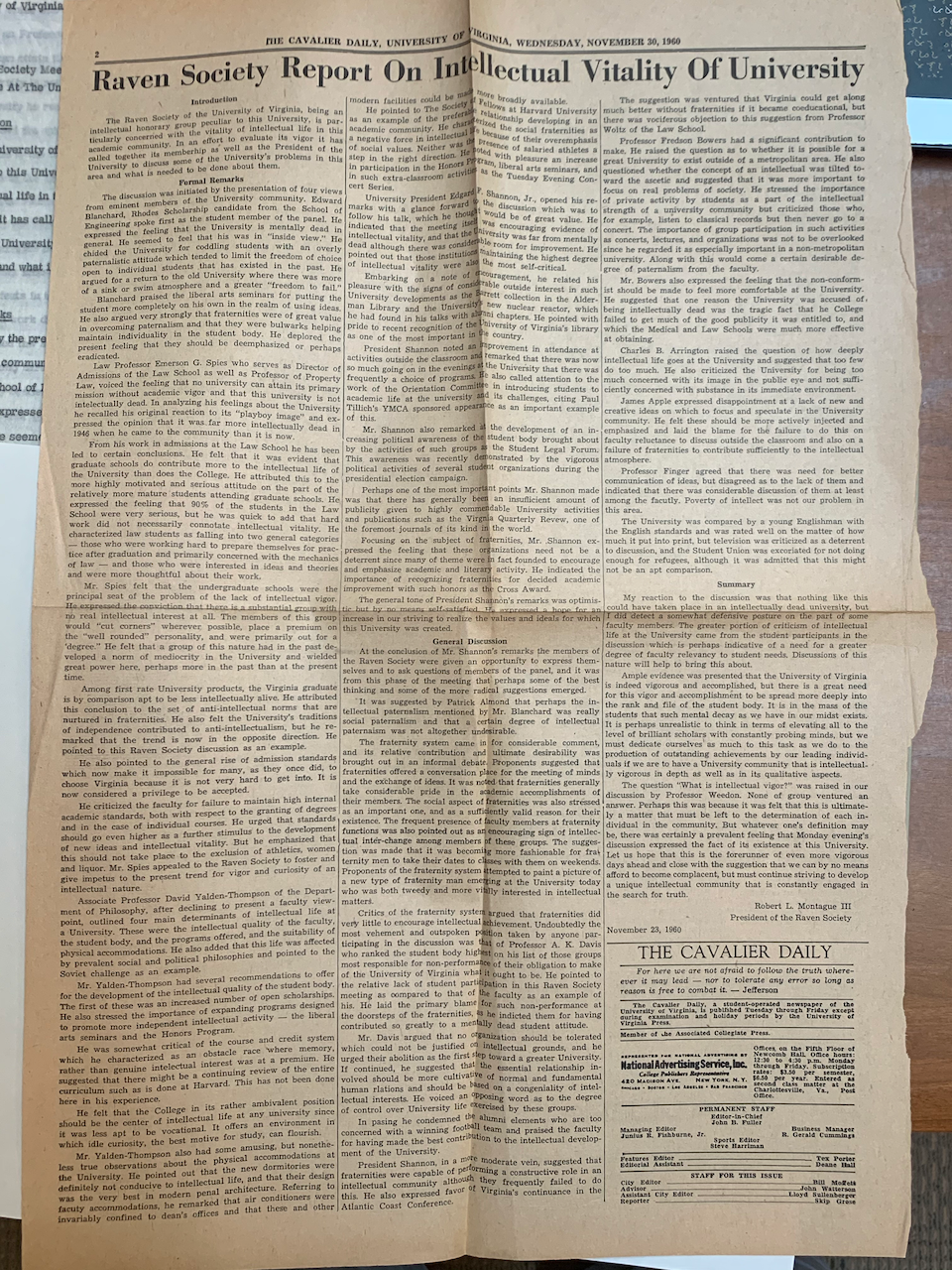 1960: Raven Society report published in the Cavalier Daily