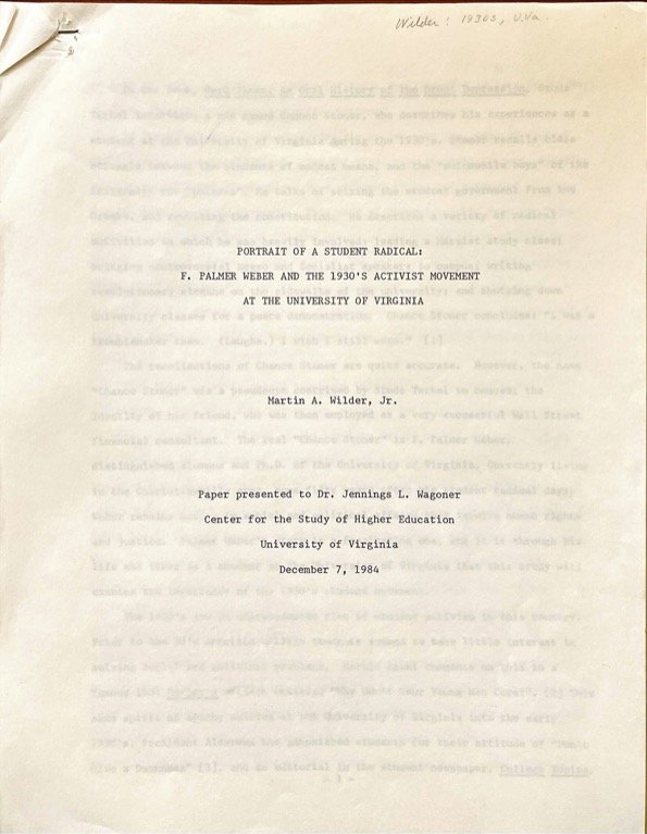 1984: “A Portrait of a Student Radical: F. Palmer Weber and the 1930’s Activist Movement at the University of Virginia”