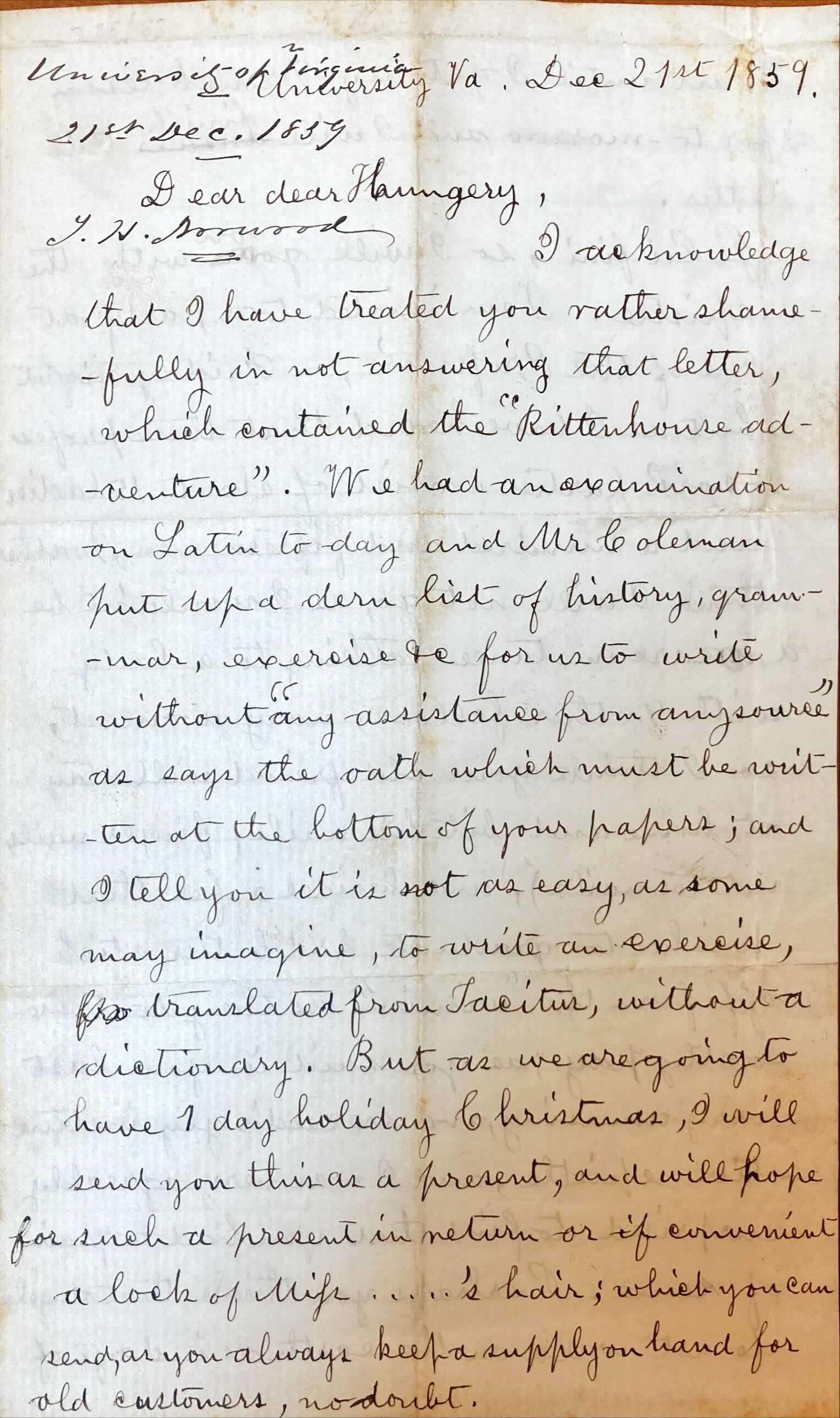 1859: Letter from Thomas Hill Norwood