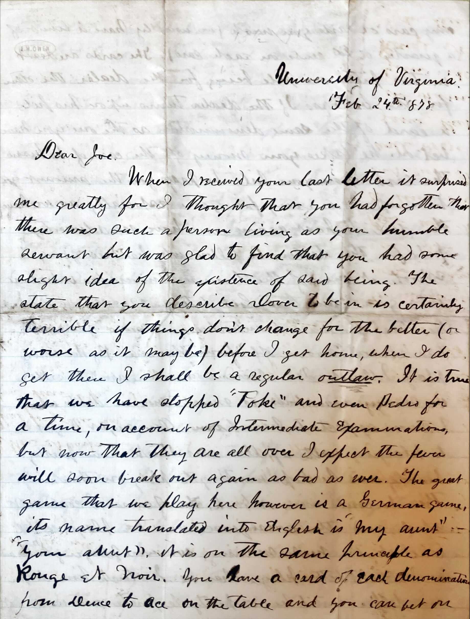 1878: Letter to “Joe"