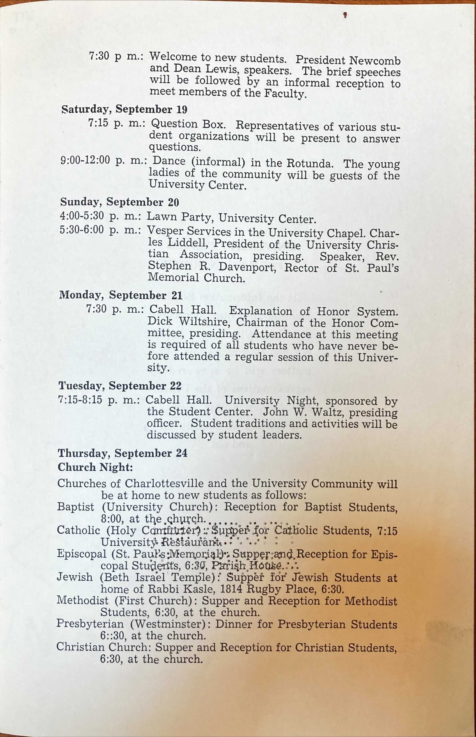 1942: Program for New Students