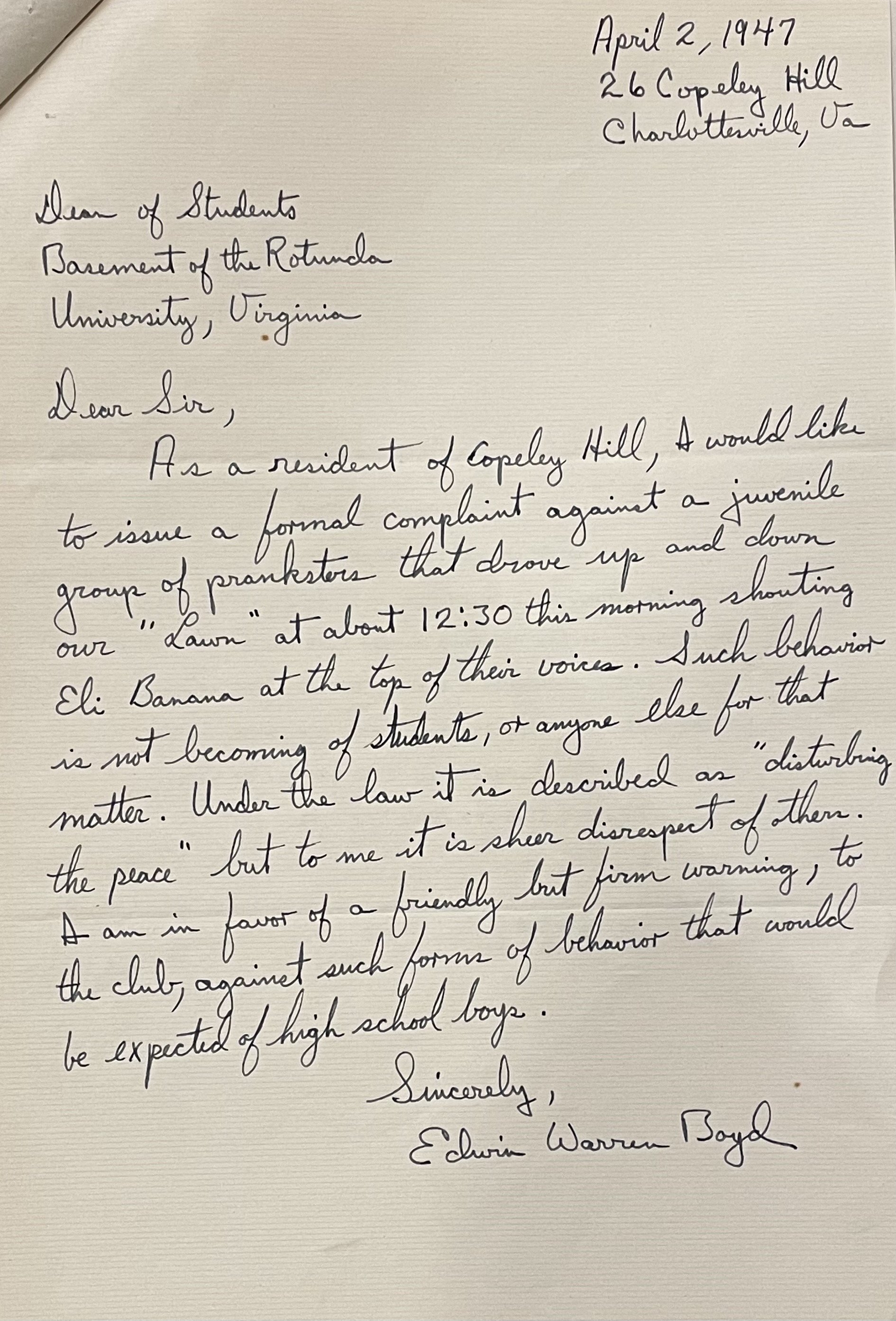 1947: Letter to James H. Newman, former UVA Dean of Students